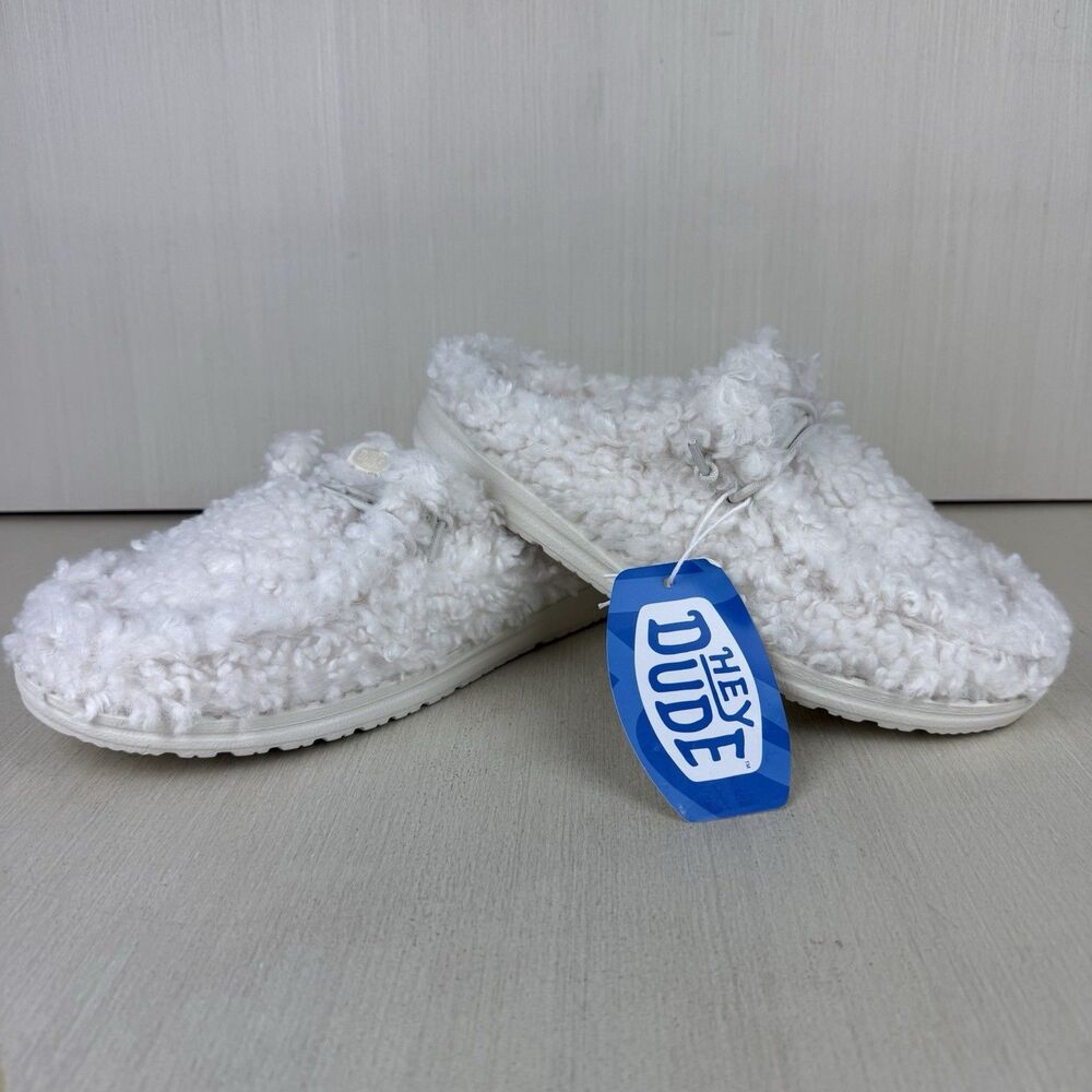 Hey Dude Wendy Slippers Womens 9 Shoes Slip Ons EGRET Sherpa Fuzzy White NWT